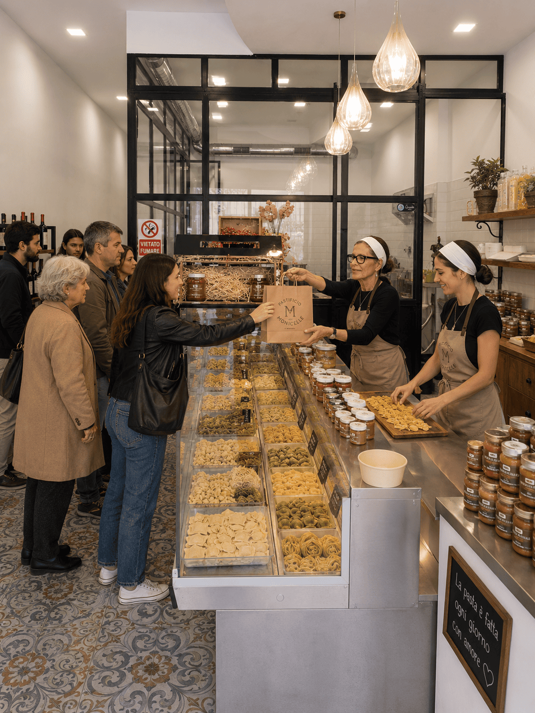 Clienti al banco del Pastificio Le Monicelle