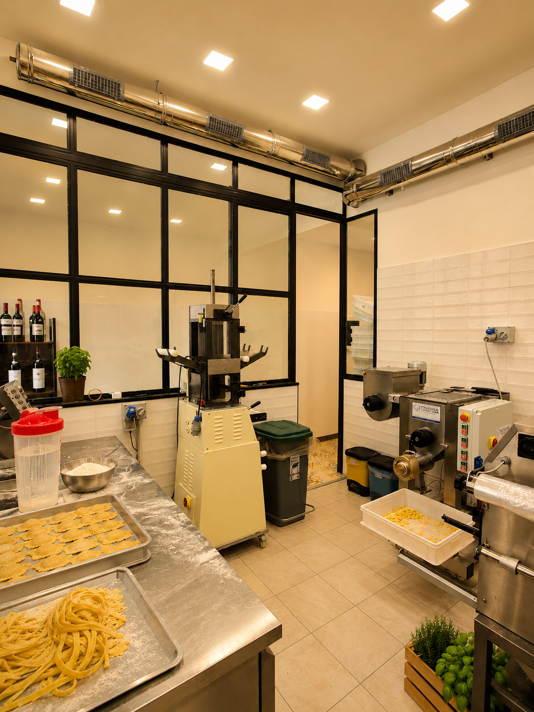 Il laboratorio del Pastificio Le Monicelle: macchine, sfogliatrice e pasta in lavorazione