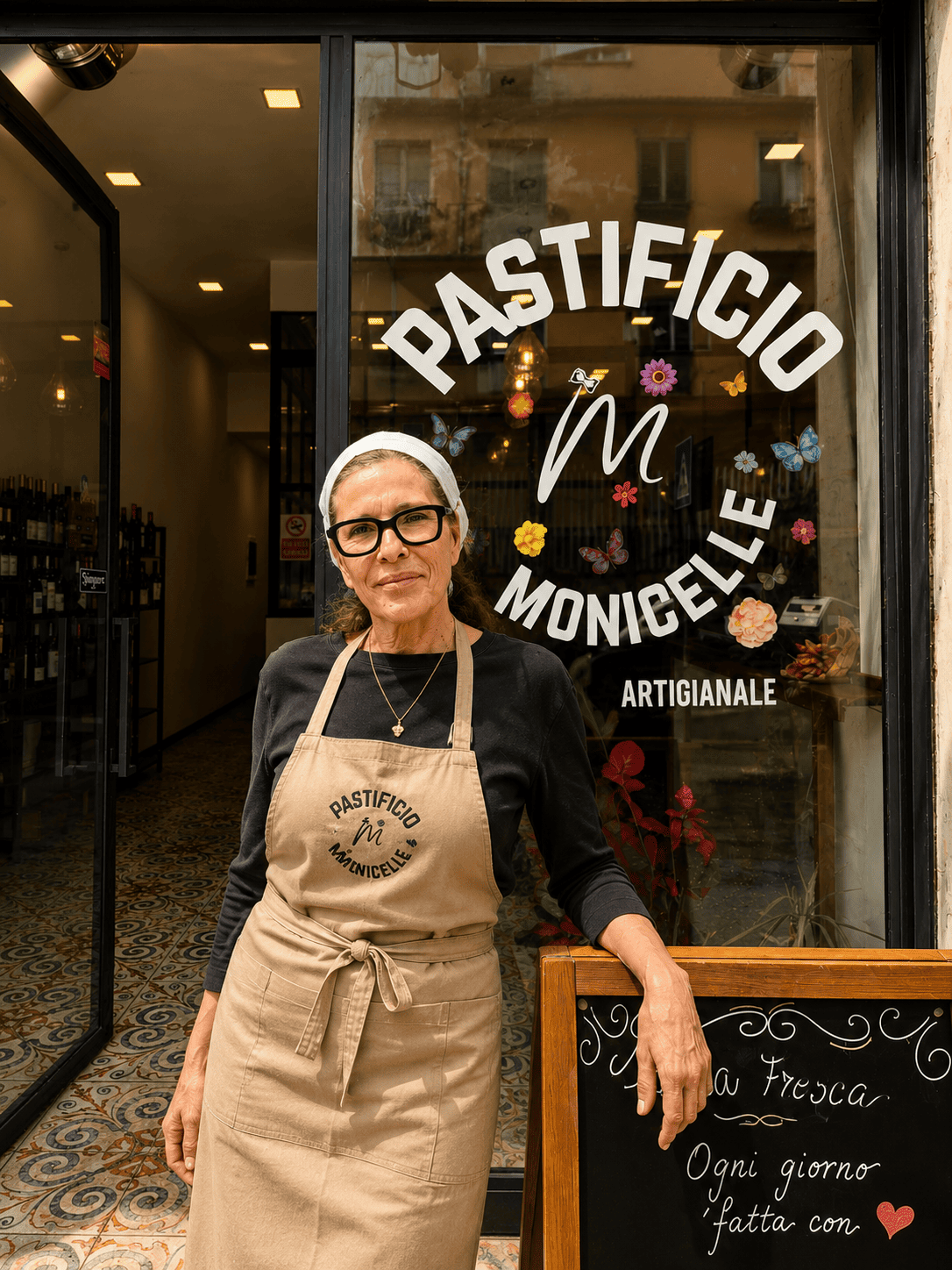 Monica davanti al Pastificio Le Monicelle