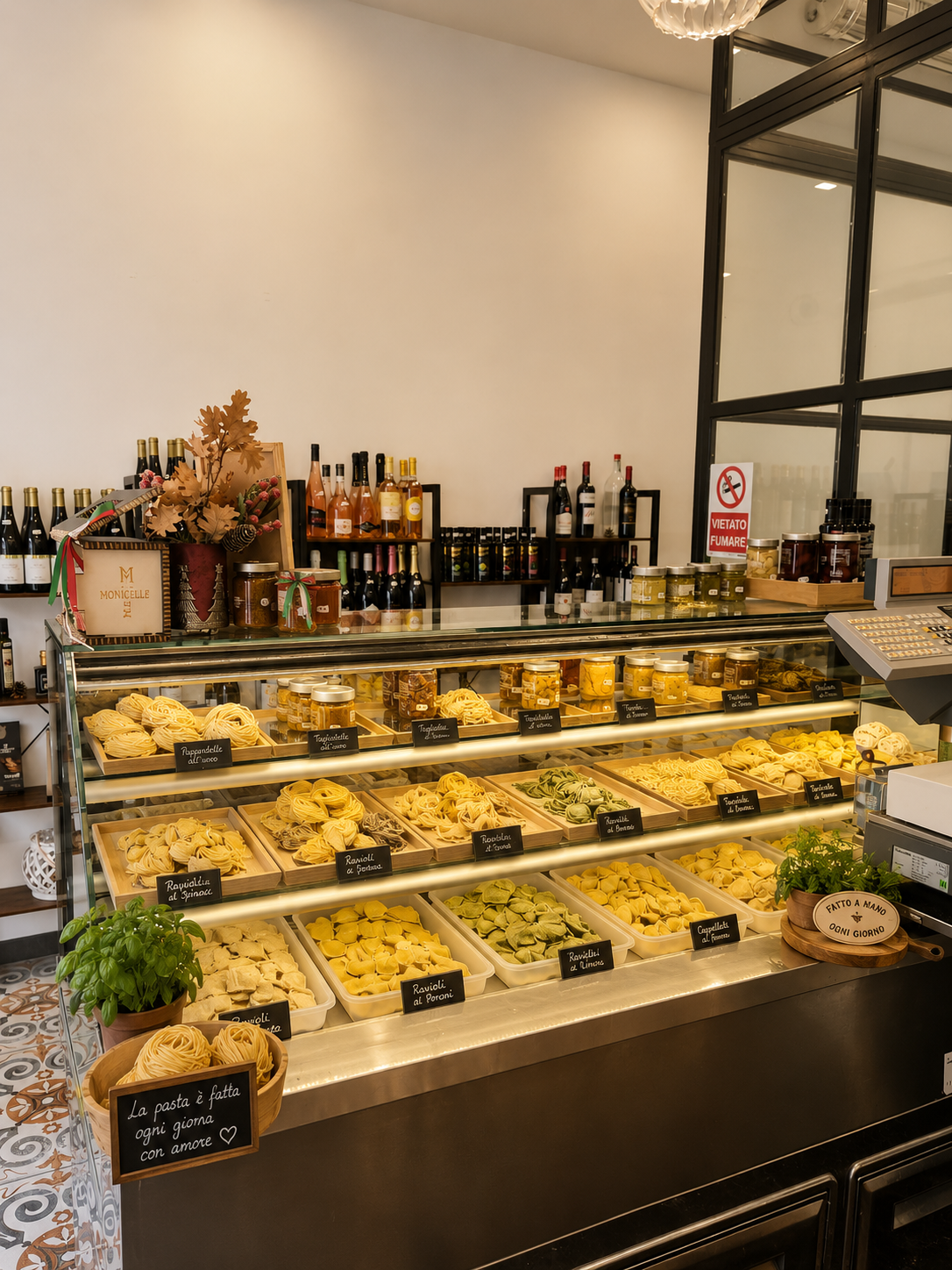 Dettaglio della vetrina con ravioli, tagliatelle, pappardelle e tortellini